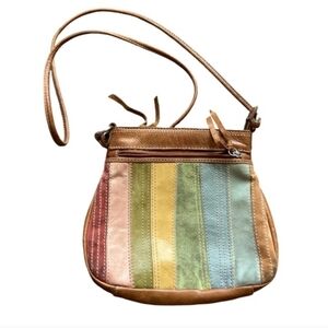 Fossil Light Brown Leather Suede Swing Crossbody Bag Purse Multicolor Striped